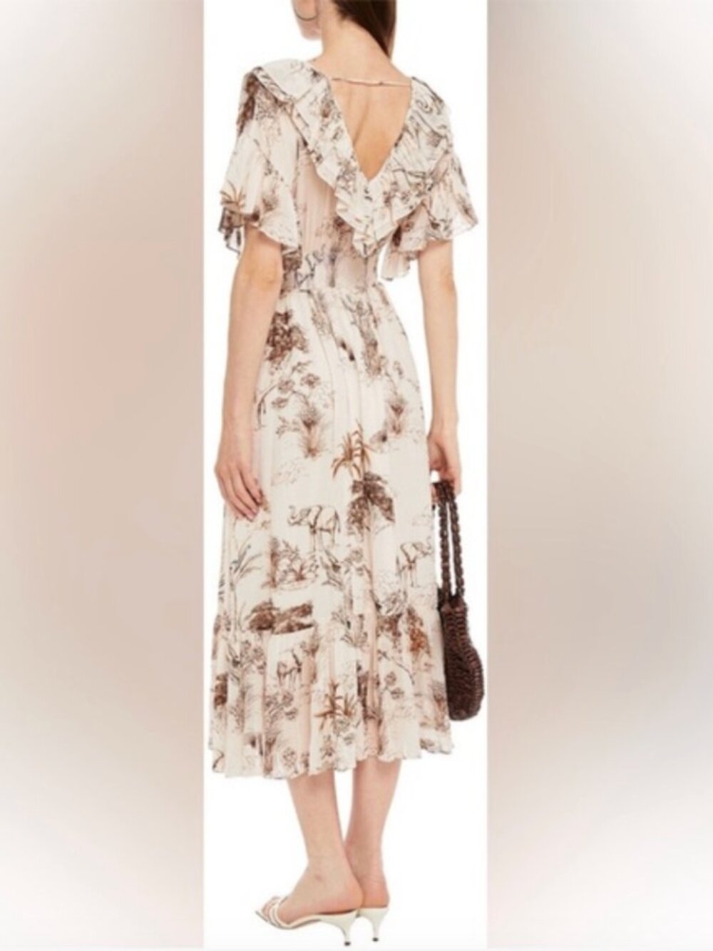 NWT! SANDRO Natural Marro Ruffled Elephant Tree Print Gauze Midi Dress Size S - Picture 2 of 7
